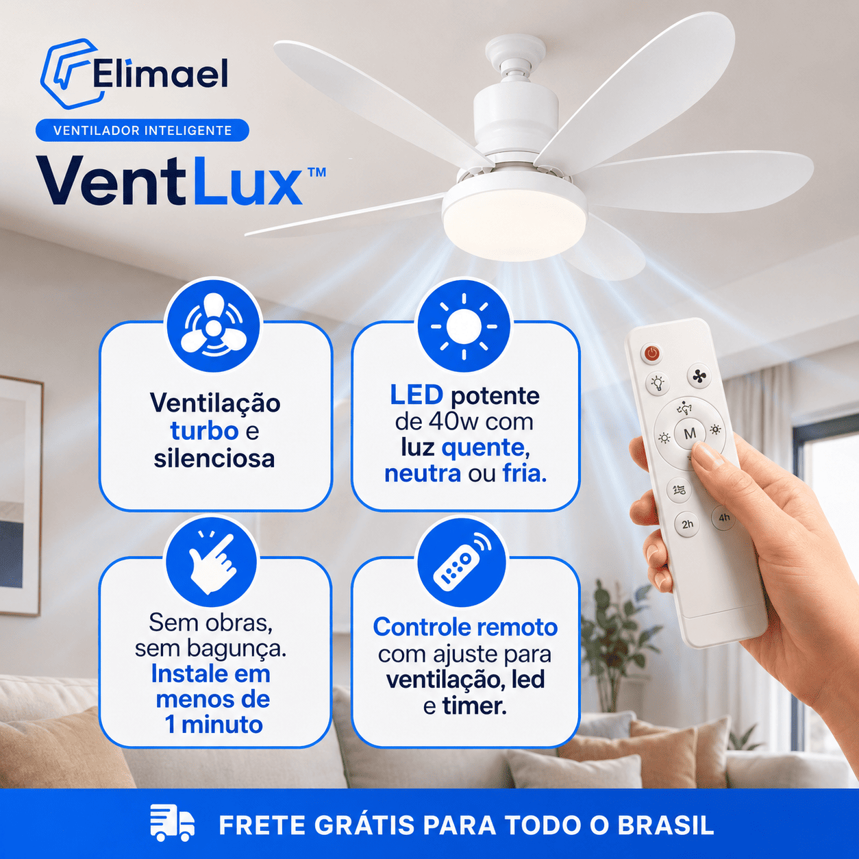 VentLux™ - Ventilador Inteligente de Teto com Led
